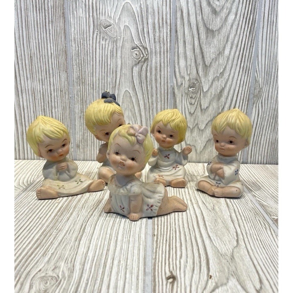 Vintage Ceramic Baby Figurines Set 5 Bisque Hand Painted Nursery Decor Pastel